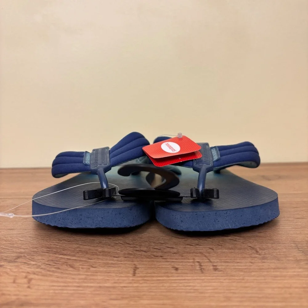 NEW HAVAIANAS Urban Print Flip Flops Navy Blue Stripe Men Size 9/10 Padded Strap